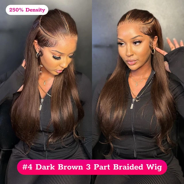 AliPearl Hair-Perruque droite pré-tressée en 3 parties brun foncé, densité 250%, 13x4, pre-c 1