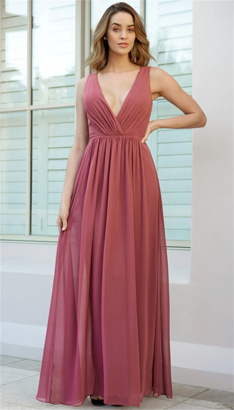 

Элегантное Длинное Платье макси с V-образным вырезом для подружки невесты, шифоновое платье без рукавов с открытой спиной для свадьбы и искусственных нарядов