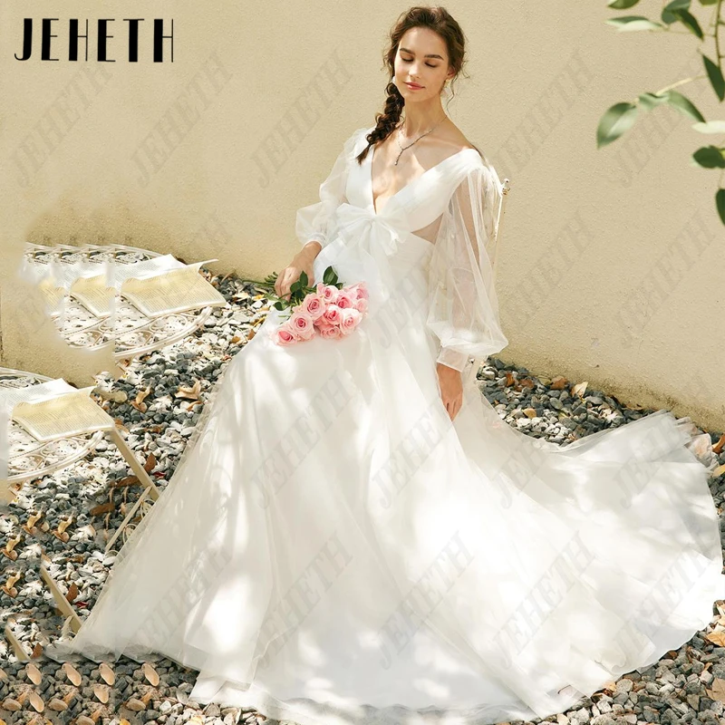 

JEHETH Bow V-Neck Tulle Bridal Gowns Women A-Line Long Puff Sleeve Wedding Dresses Vintage Illusion Vestidos De Novia Backless