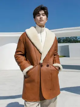 Denny & Dora Мужская Дубленка коричневого цвета мужская длинная стильная кожаная куртка из овчины пальто с меховыми лацканами