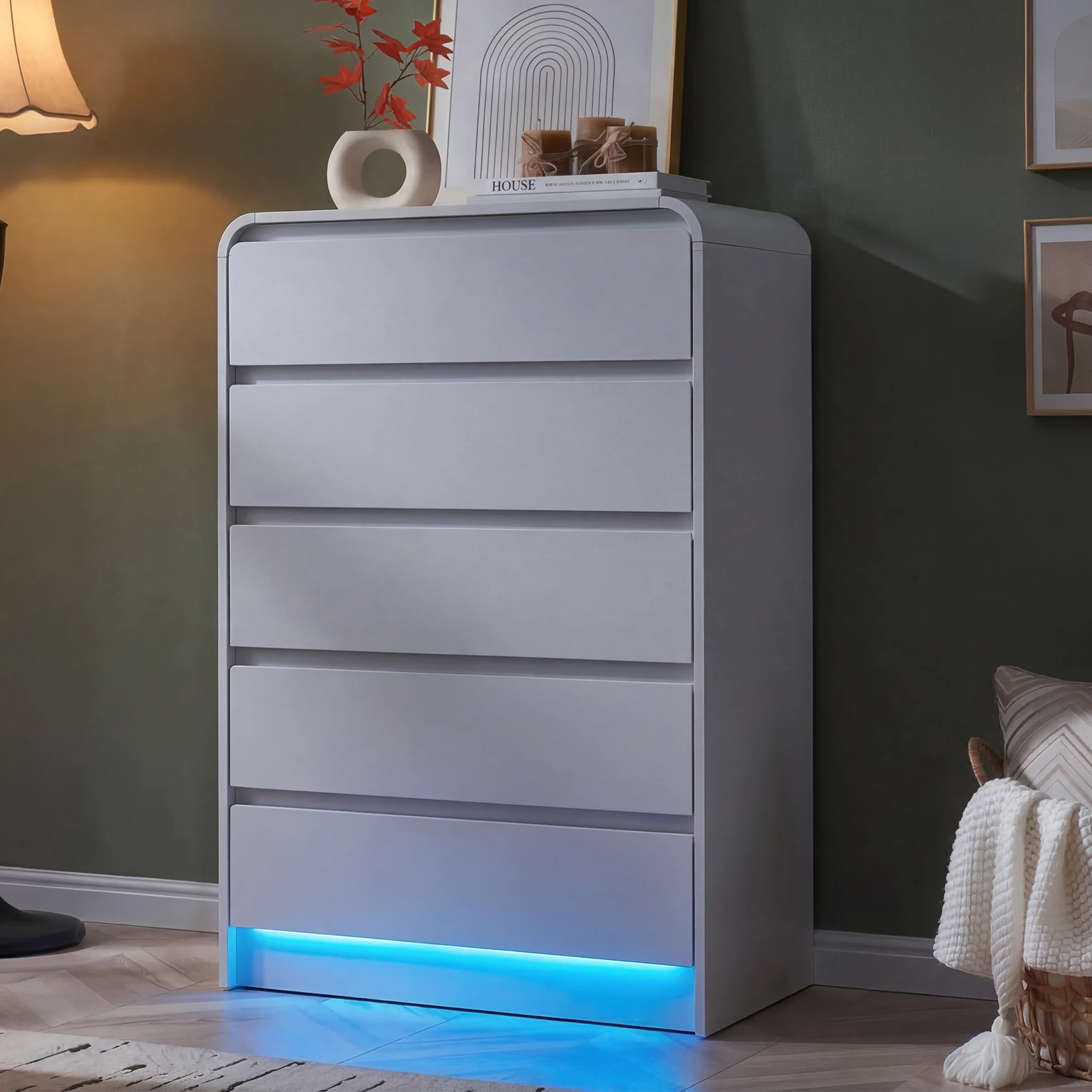 LED Kommode mit 5 Schubladen, Schubladenschrank schmal, Aufbewahrungskommode, Sideboard, Highboard, Stauraumschrank für Schlafzimmer Wohnzimmer Flur Eingangsbereich, Möbel mit Schubladen 73x40x111 cm, Naturholzfarbe – Detail 7
