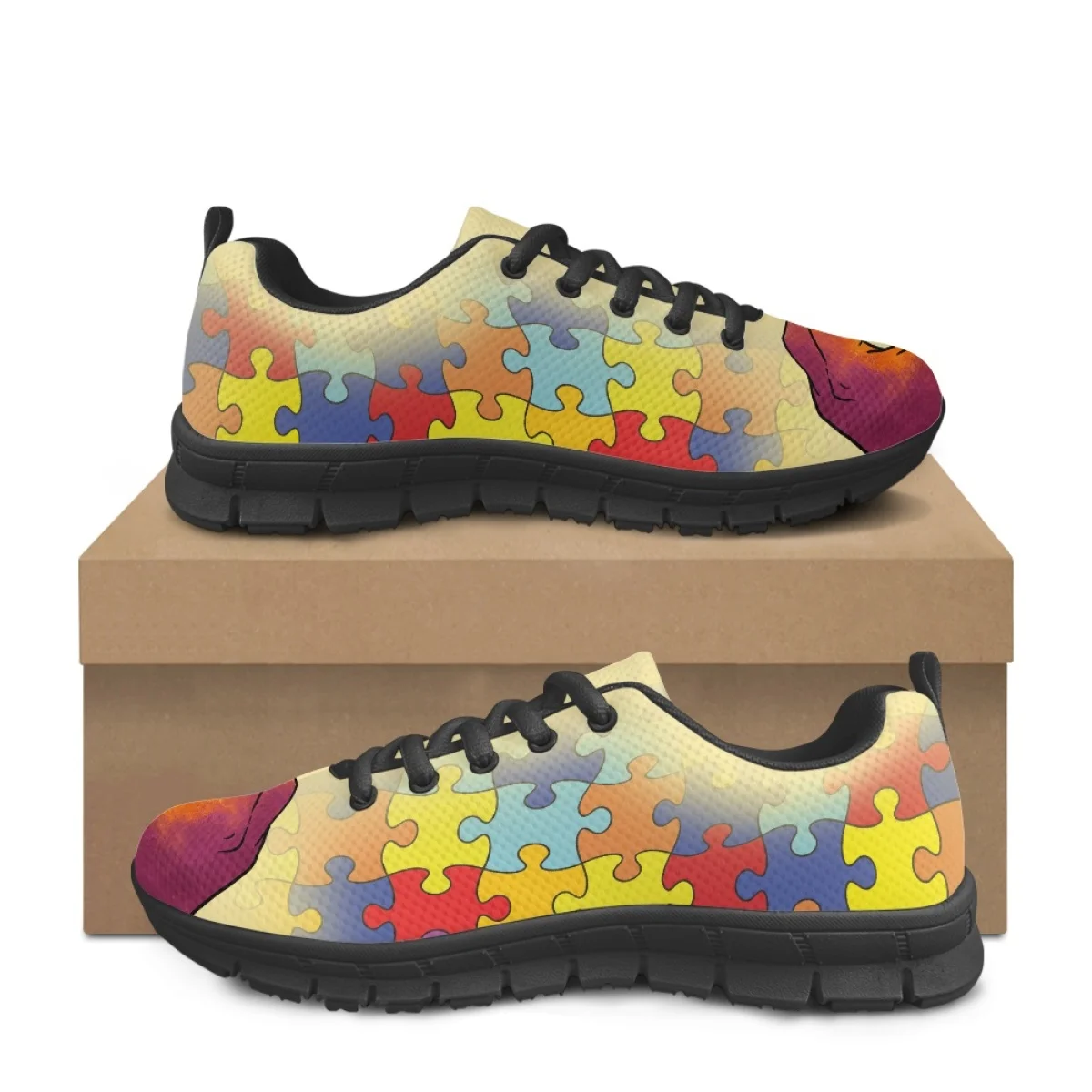 Lightweight Lace up Running Shoes for Women Autism Awareness Puzzle Pattern Mesh Sneakers Ladies Wear Resistant Tennis Footwear