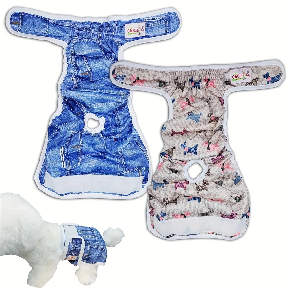 Washable Dog Diapers 2-Pack Physiological Pants Cartoon Print Diaper Reusable Sanitary Panties Nappy Belly Wrap for Female Dogs dog diapers pet diapers dog nappies