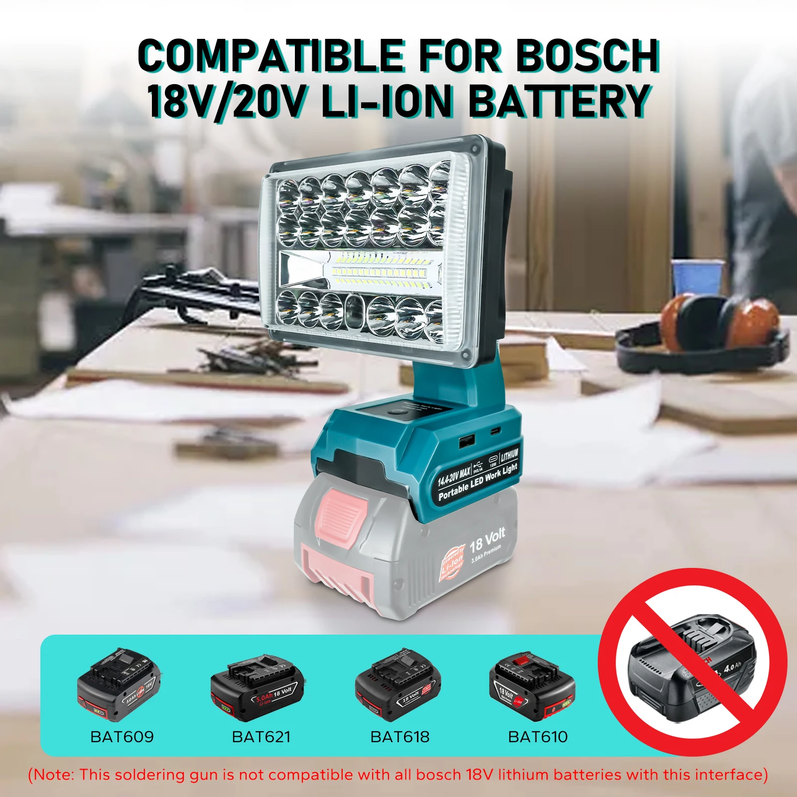LED Work Light For Bosch 18V Battery 28W 2000LM Portable Spotlight Outdoor Emerg