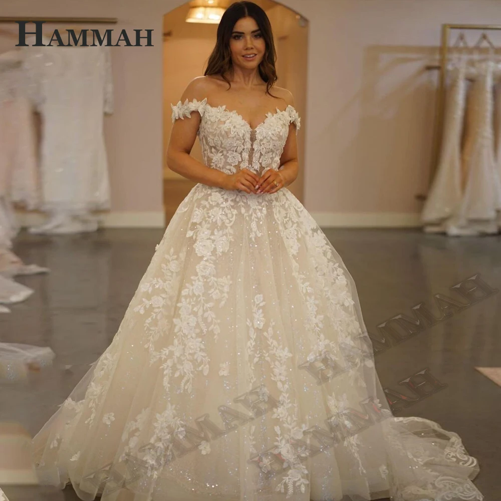 

HAMMAH Glamorous V Neck Wedding Dress For Brides Glitter Tulle Off The Shoulder Ball Gown Zipper Court Train Robe De Mariée