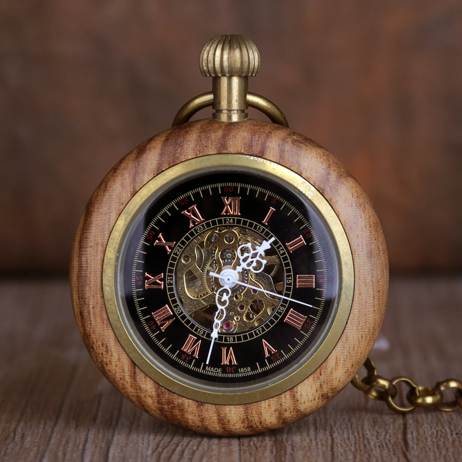 

Classic Roman Numerals Display Full Wooden Pocket Watch Mechanical Clock Bronze Hanging Pendant Chain New Vintage Timepiece