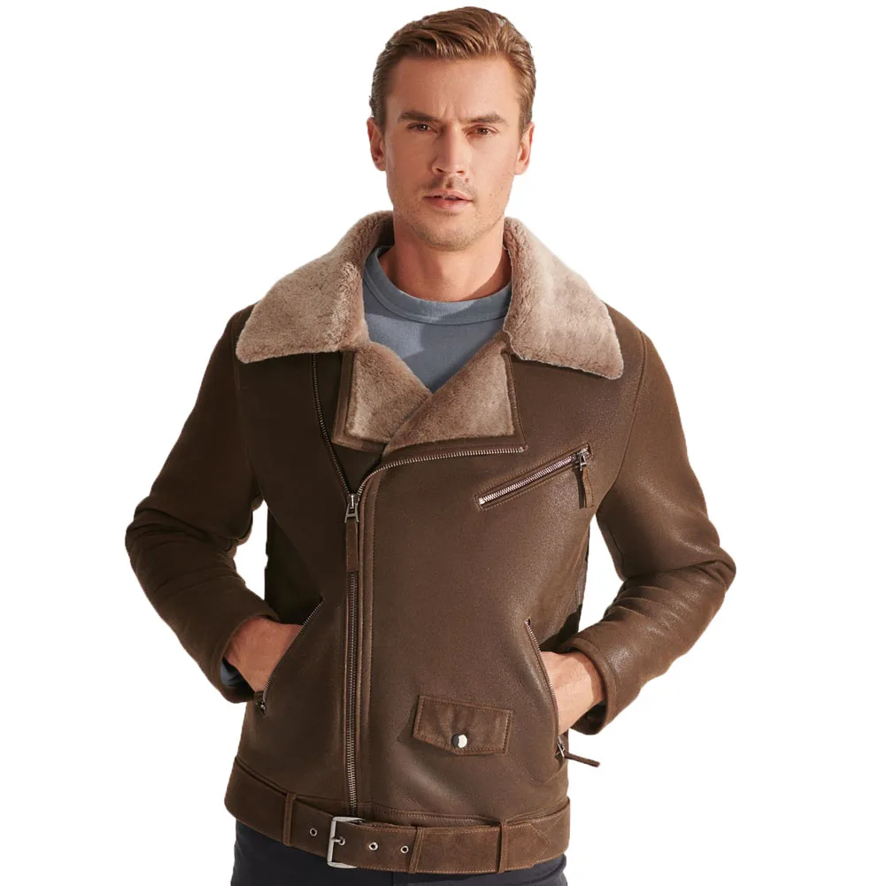 Denny&Dora Sheepskin Aviator Jacket Men Shearling Lambskin Coats Bronw Shearling Jacket