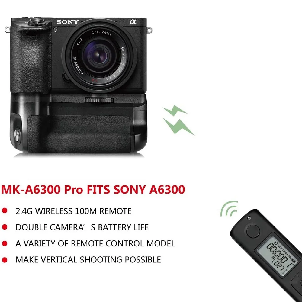 Meike MK-A6300 Pro Vertical Battery Pack Grip for Sony A6000 A6100 A6300 A6400 Cameras with 2.4G Timing Remote Control