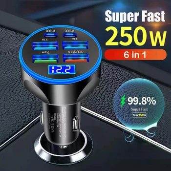 Caricatore Auto 6 in 1 con Display QC, Adattatore USB PD Tipo C, Cavo Ricarica Rapida per iPhone, Accendisigari, Accessori Inter