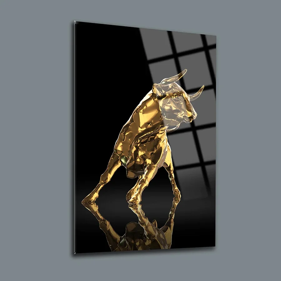 

Golden Bull Decor, Glass Wall Art, Frameless Free Floating Tempered Glass Panel, Home Office Living Room Decoration,