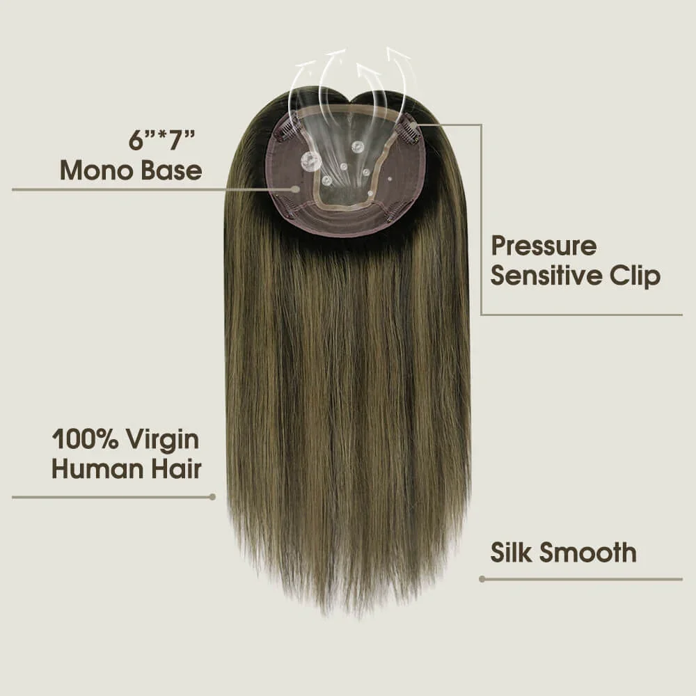 LaaVoo Hair Pieces Extensions Virgin Topper For Short Thining Hair Hand Made 6*7inch Real Brazilian Hair Mono And PU Base Hair 6