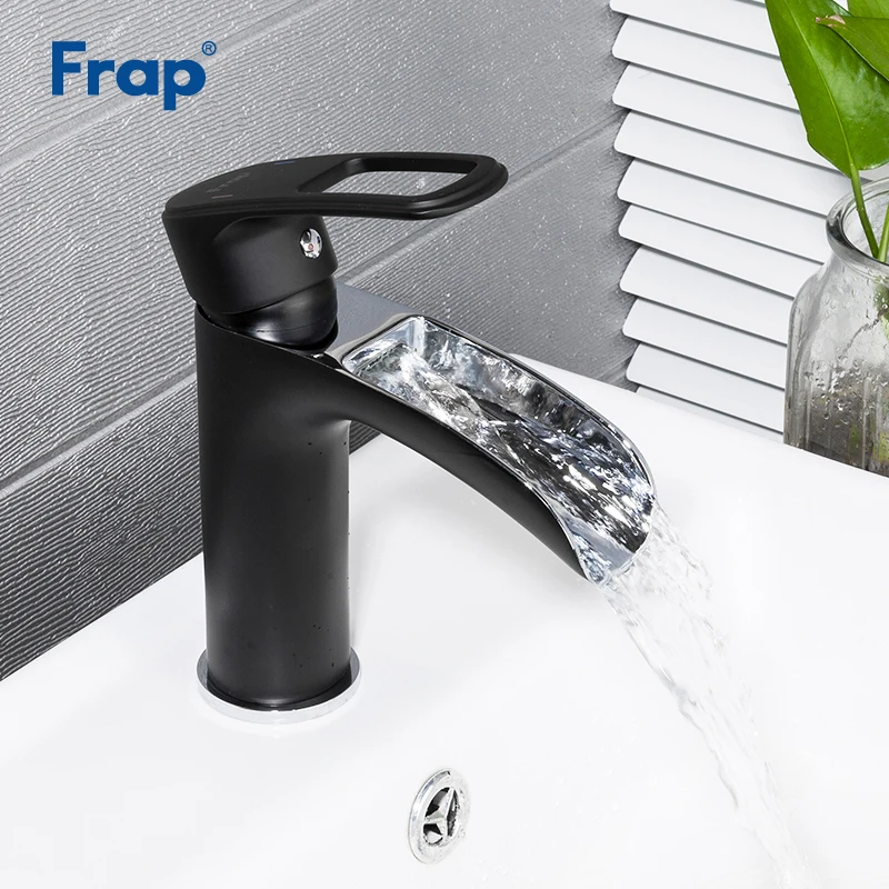 

Frap Black Basin Faucets Deck Mounted Waterfall Brass Bathroom Faucet Cold and Hot Water Mixer Taps torneiras do banheiro