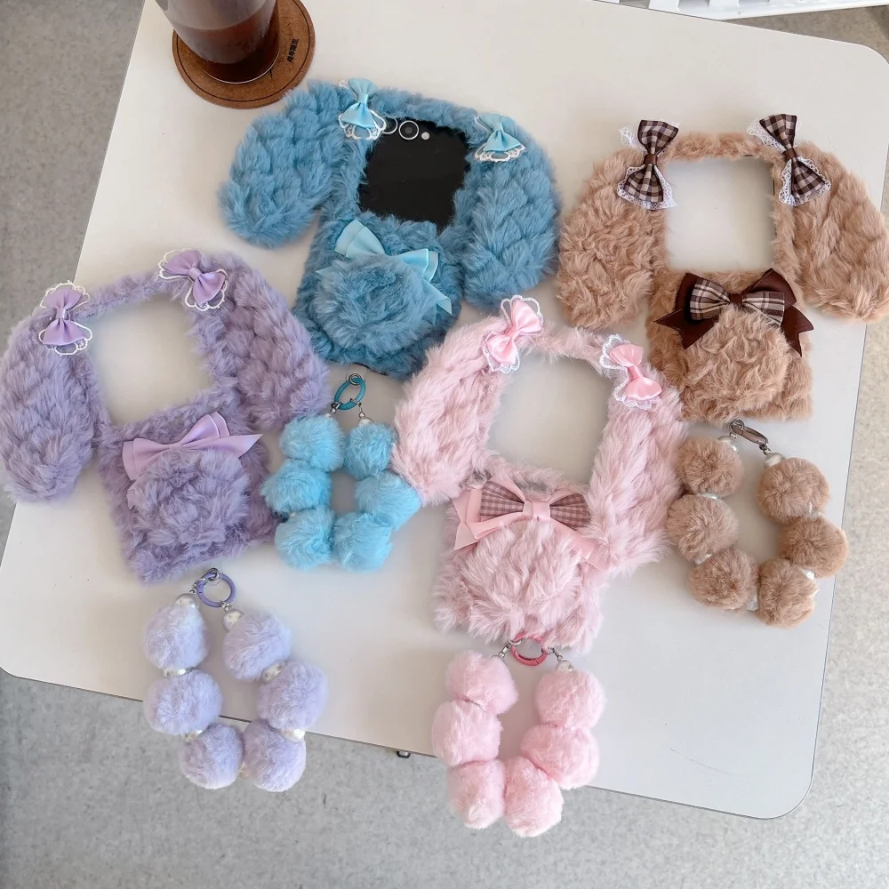 Chic Plush Plaid Bow Bunny Phone Case - Fashionable Shockproof Protection