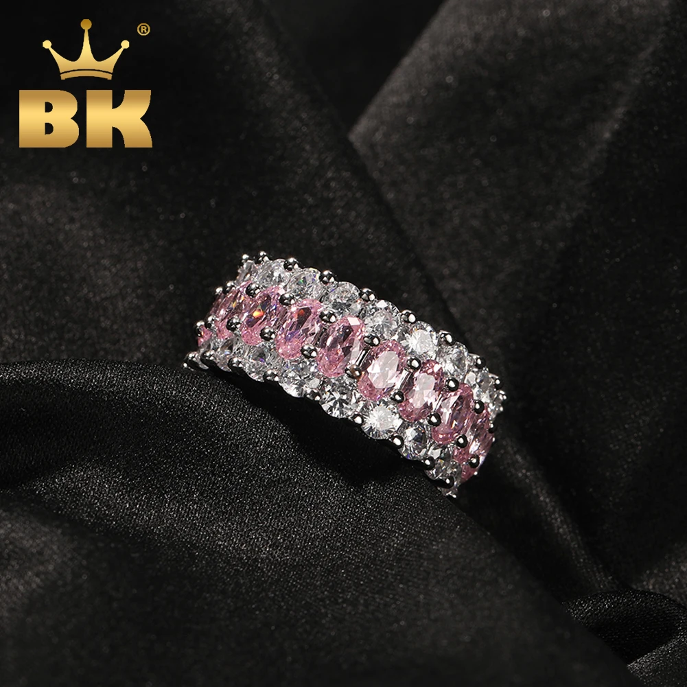 

THE BLING KING 9.5mm Pink Oval CZ Rings Iced Out Clear Round Cubic Zirconia Rings Charm Luxury Jewelry Engagement Gift For Women