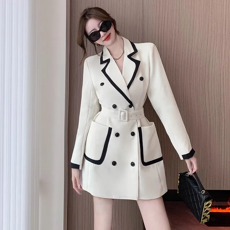 Women Autumn New Casual Mid Length Belt Double Breasted Black White Slim Fit Suit Dress