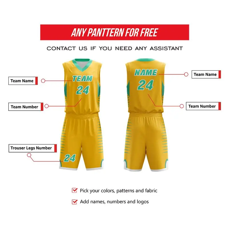 

Custom Polyster Basketball Sleeveless Yellow Jersey Shirts Kit Uniform with Your Team Name Number