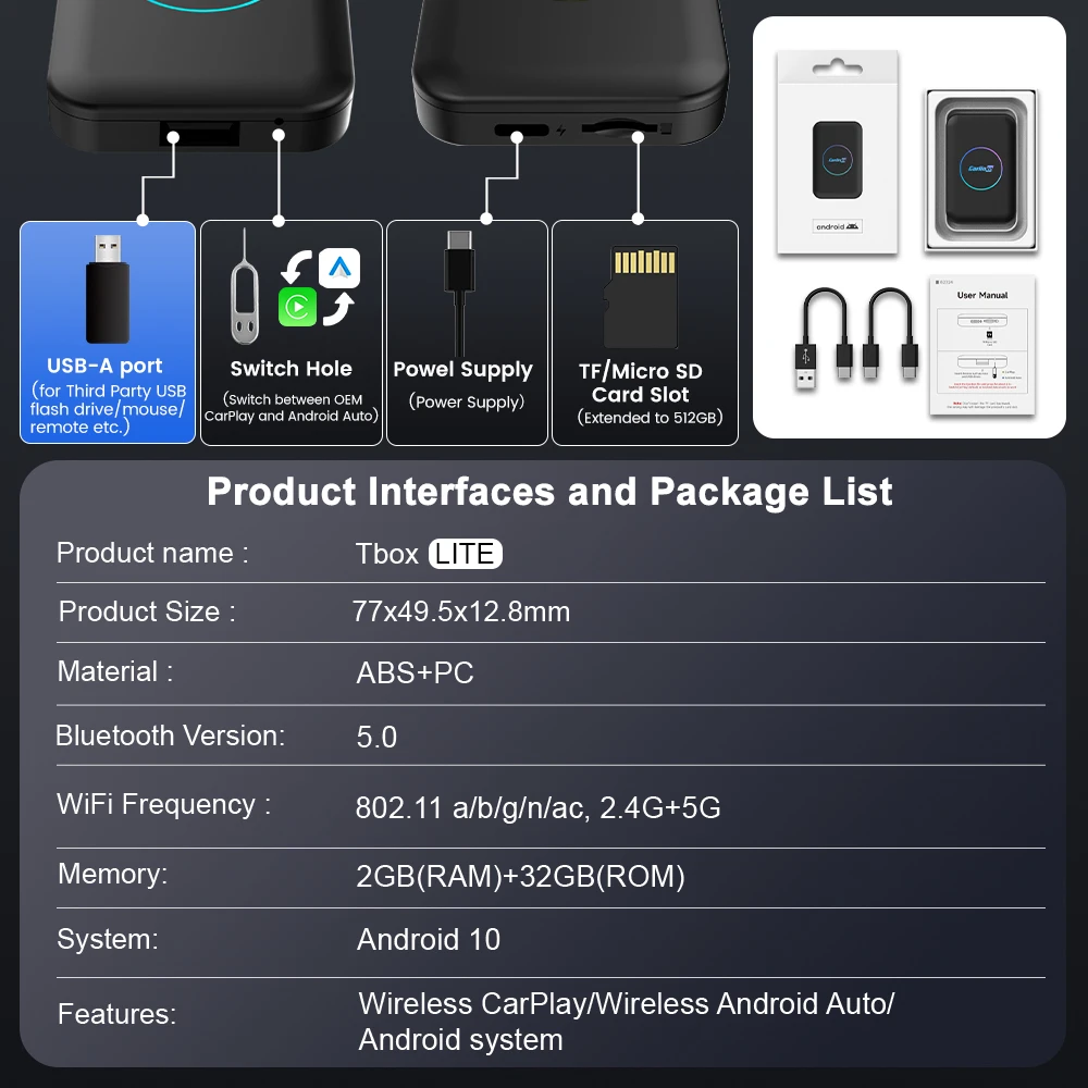 2024 CarlinKit CarPlay Ai Box Lite Android TV Box for OEM Car Wireless CarPlay Android Auto Multimedia Streaming Box Max 512GB