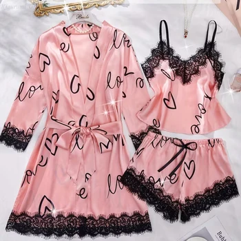 Women'S Letter Print V-Neck Sexy Lace Trim Elegant Satin Silk Pajama Set  Long Sleeve Robe Suspender Camisole Shorts Loungewear