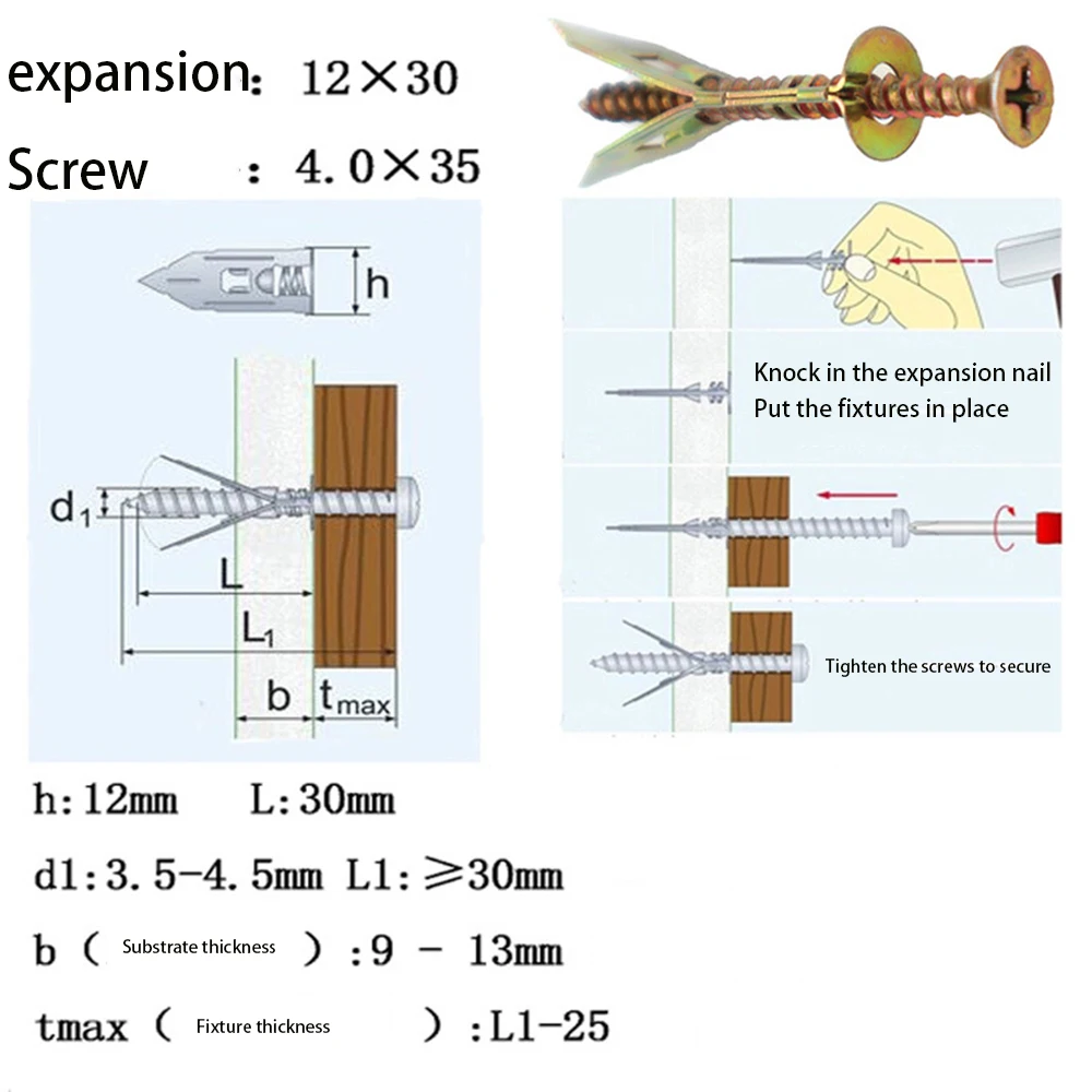Description Picture 2 of item100/200pcs Self Drilling Drywall Anchors with ScXrews Expansion Nail Self-Tappe Screw Kit Heavy Duty Metal Wall Anchors 12X30mm
