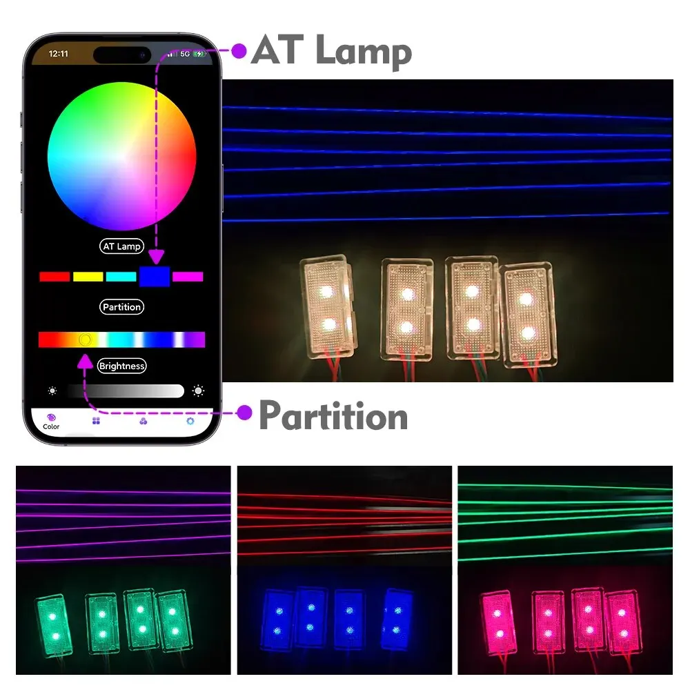 자동차 LED 앰비언트 RGB 라이트 스트립, 인테리어 광섬유 듀얼 존, 64 색 조명, 범용 자동차 장식 램프, BMW용 앱 제어