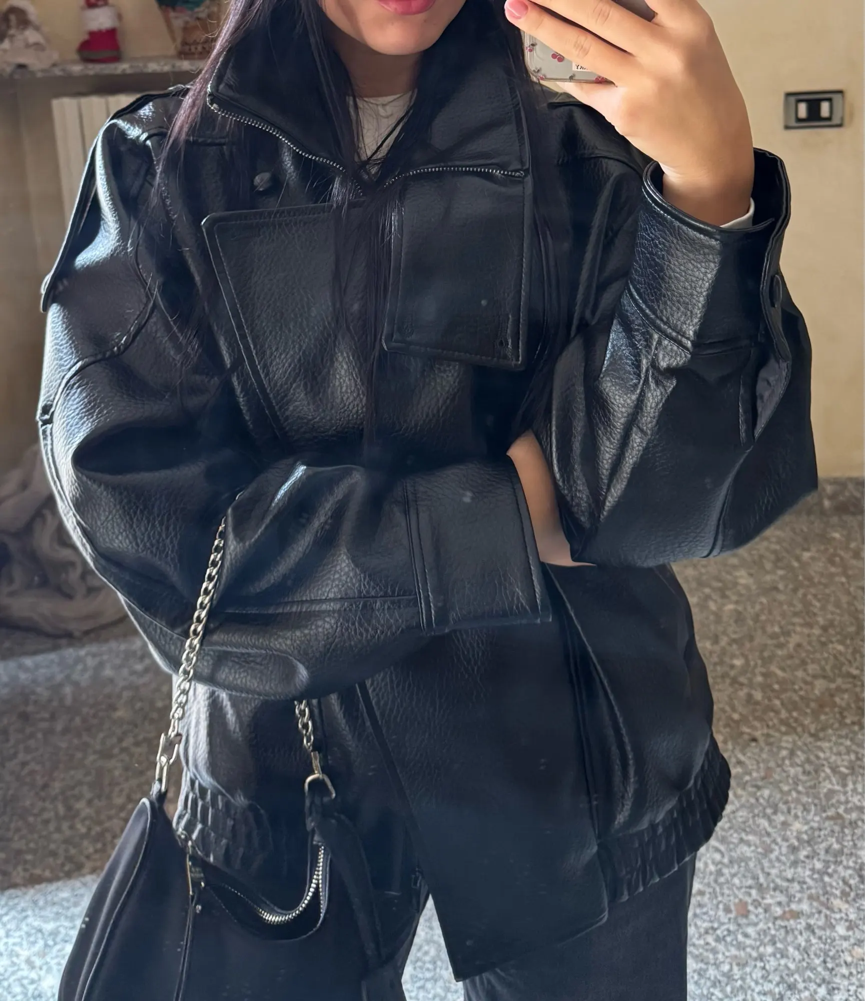 KONDALA Casual Chic Black Leather Jackets Women Long Sleeve Buttons Elastic Oversized Coats Fashion 2026 Spring Streetwear Coats photo review