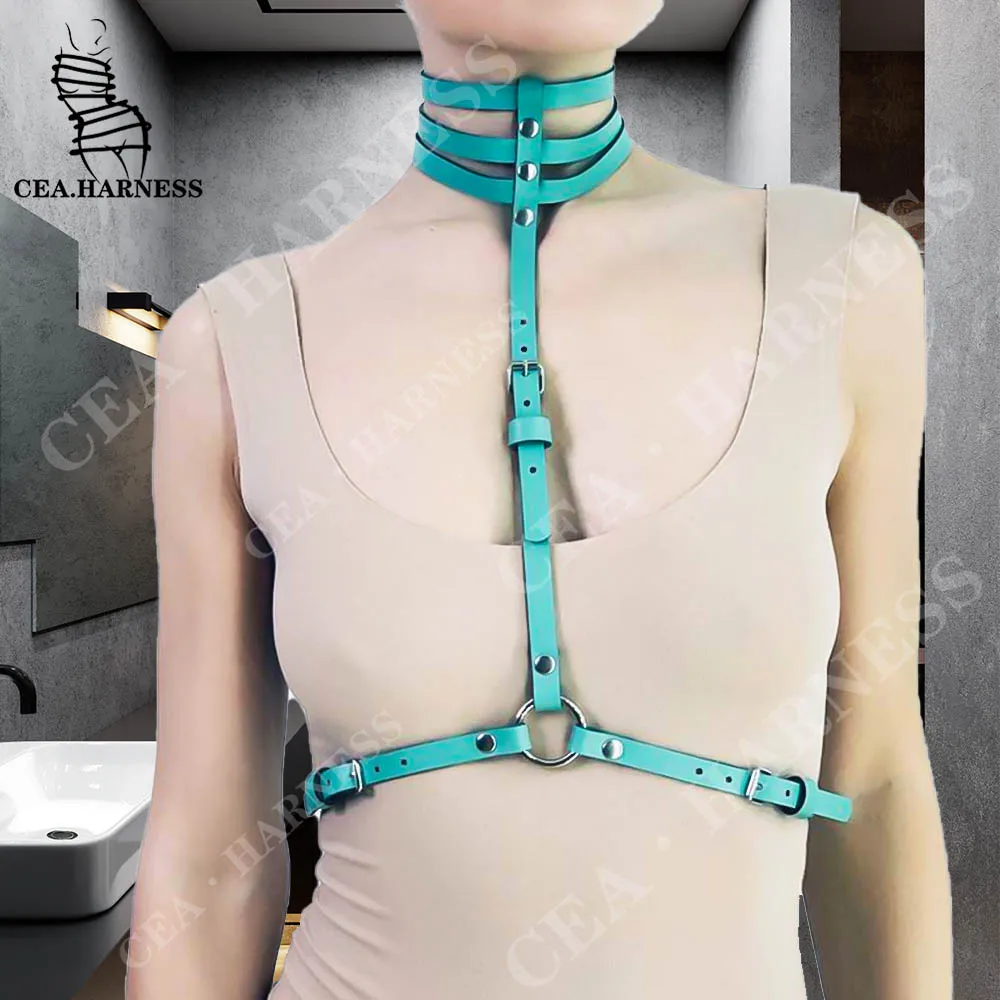 

Gothic PU Leather Sexy Harness Bondage Cage Ladies Sex Game Dress Fashion Cupless Bra Adjustable Light Blue Waist Belt