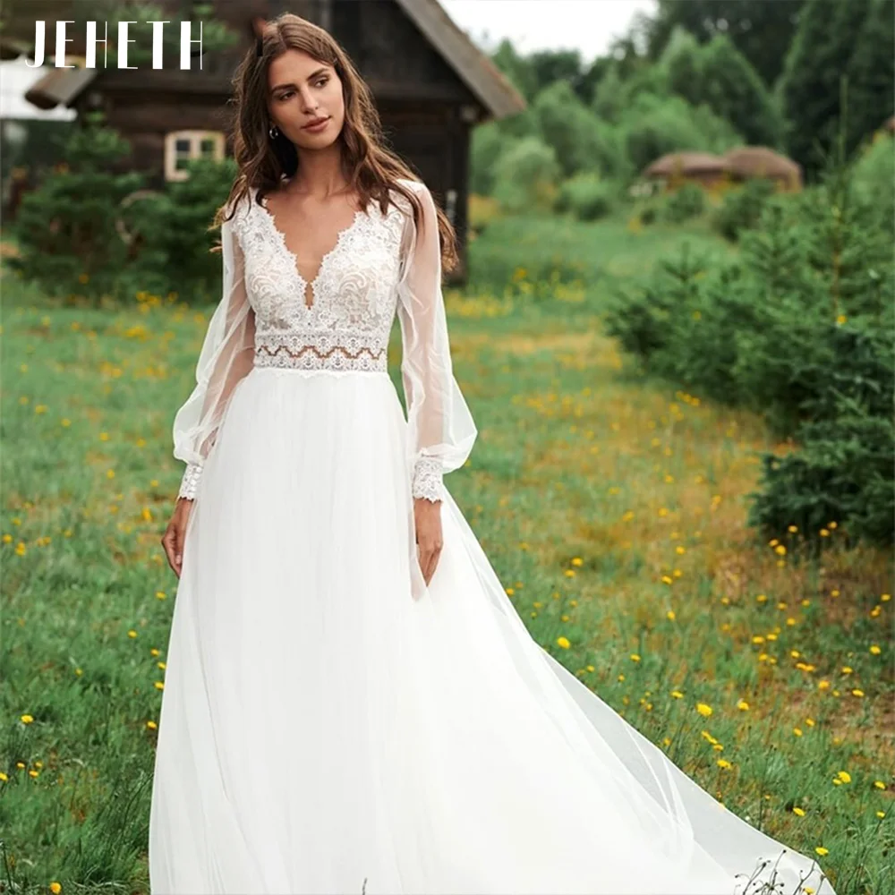 

JEHETH Pastoral Boho Wedding Dress Lace Backless Puff Sleeve Appliques Tulle Bridal Gown Floor Length V-Neck Vestidos Para Mujer