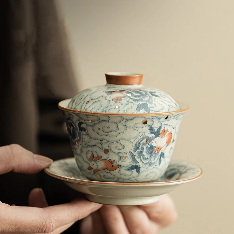 100ml Ru Yao Small Gaiwan Set For Tea Ceramic Opening Chinese Tureen Cloud Tea Bowl Kung Fu Rabbit Chawan Cups Lily Deng