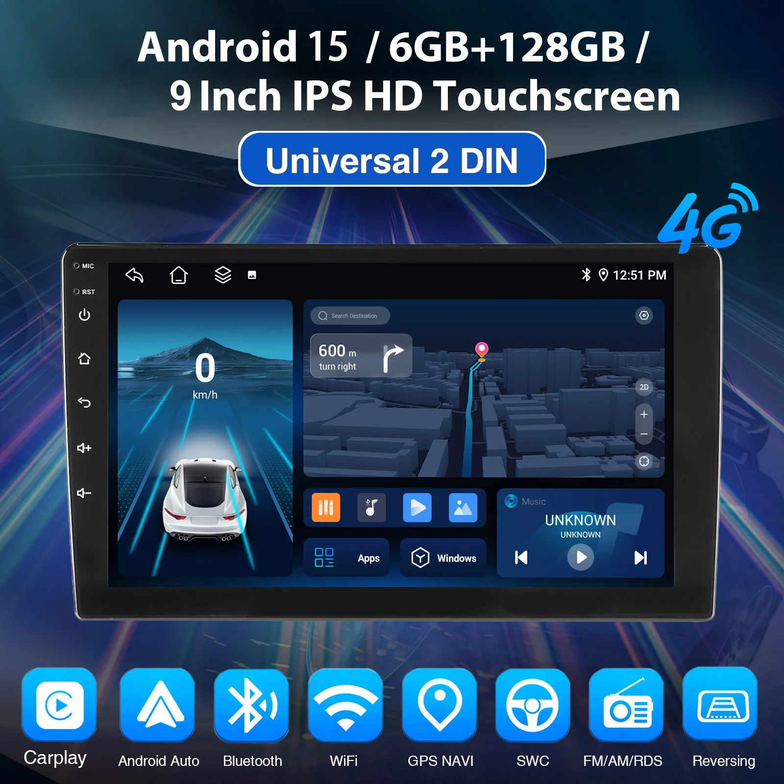 Autoradio ESSGOO Android 15 9 Zoll QLED Doppel 2DIN 6+128G 8 Kern Drahtloses CarPlay Android Auto Bluetooth GPS Navigation 4G – Detail 1