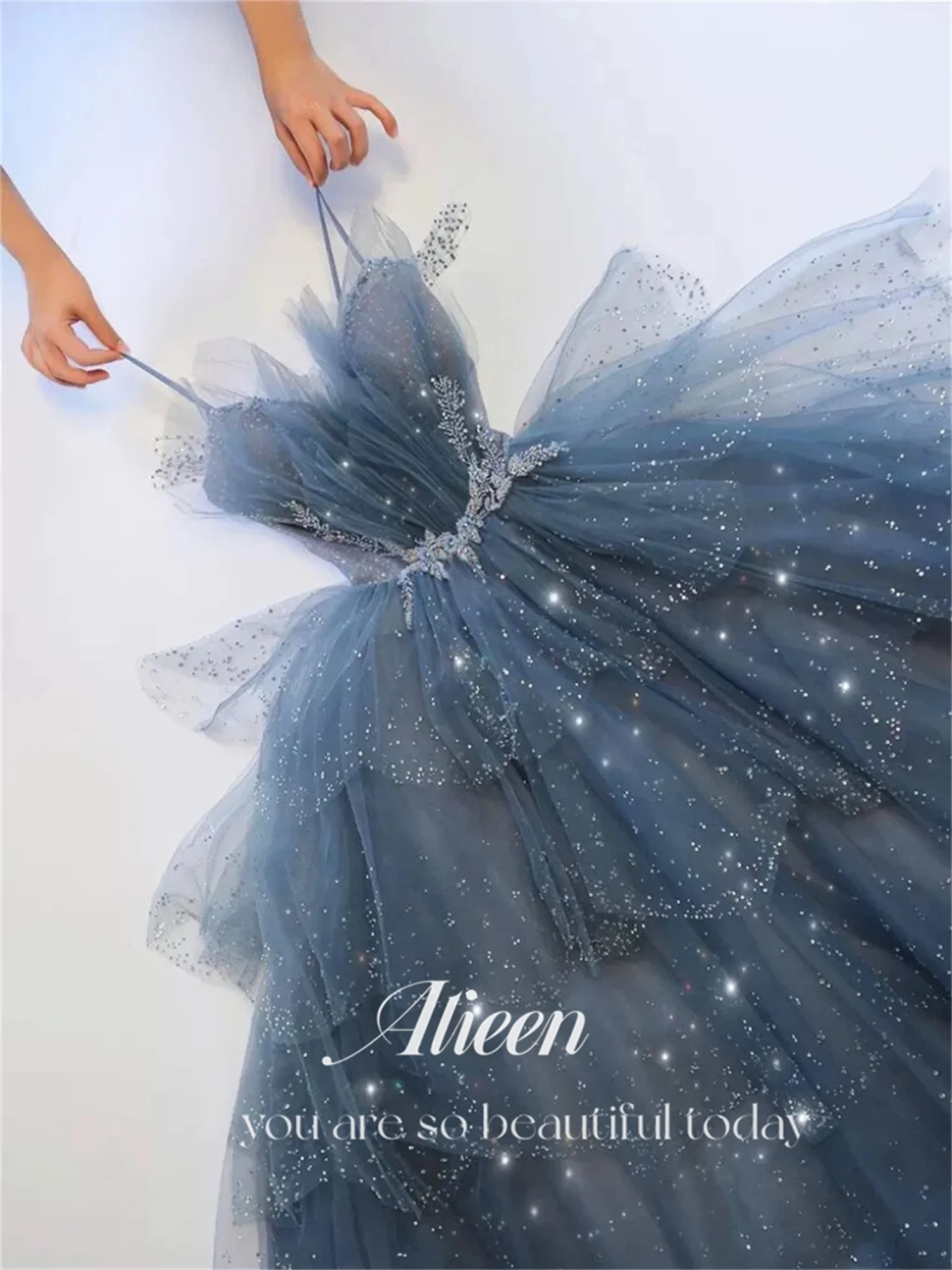 Aileen Blue Beads With Diamonds Saudi Elegant Luxury Evening Dresses 2023 Dubai Dress Gown Gala Women's Party Long Ladies Formal