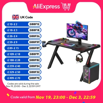 Gaming Desk RGB Lighting Ergonomic Gamer Workstation Ergonomic Carbon Fiber Computer Desk Cup Holder and Headphone Hook