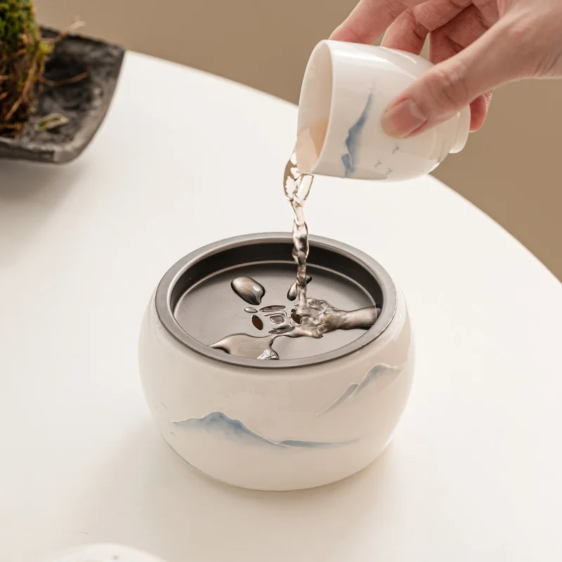 Hand Painted Mountain Tea Wash Porcelain Bowl For Tea Basin Set White Ware Cup Pen Wash Ceremony Utensils Jianshui Trays