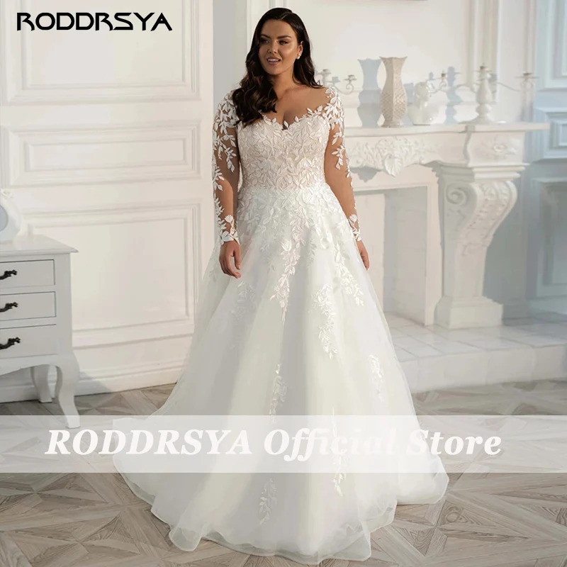 RODDRSYA Plus Size Wedding Dress Elegant Long Sleeves Lace Bride Dress 2023 Tulle Applique Sweep Train A-Line robe de mariée