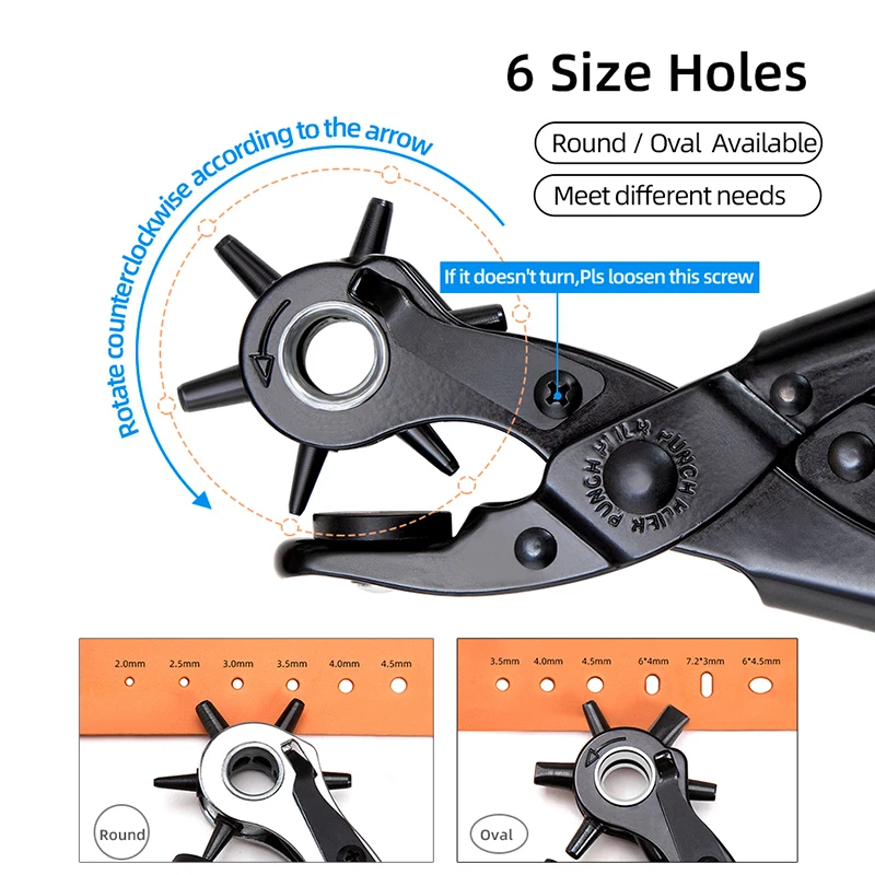 Revolving Leather Belt Hole Punch Plier Kit Eyelet Puncher DIY Tool Set For Belts Watch Bands Straps Dog Collars Fabric leather hole puncher leather hole punch leather punch tool eyelet installation punch tool round hole punch cutter set hole punch cutter set round hole punch set