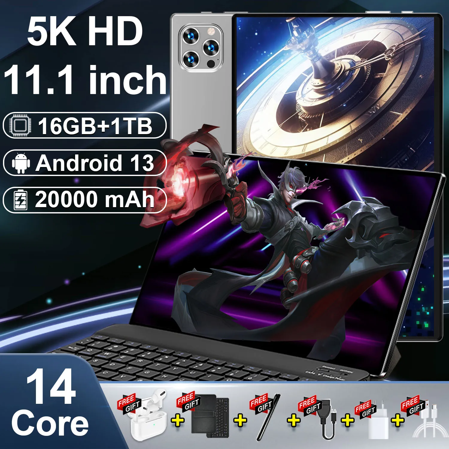 2024 Tablet Android 20000Mah Versione Globale 16Gb + 1Tb Nuova Rete 11.1 Pollici 14 Core Android 13.0 Tablet Wifi