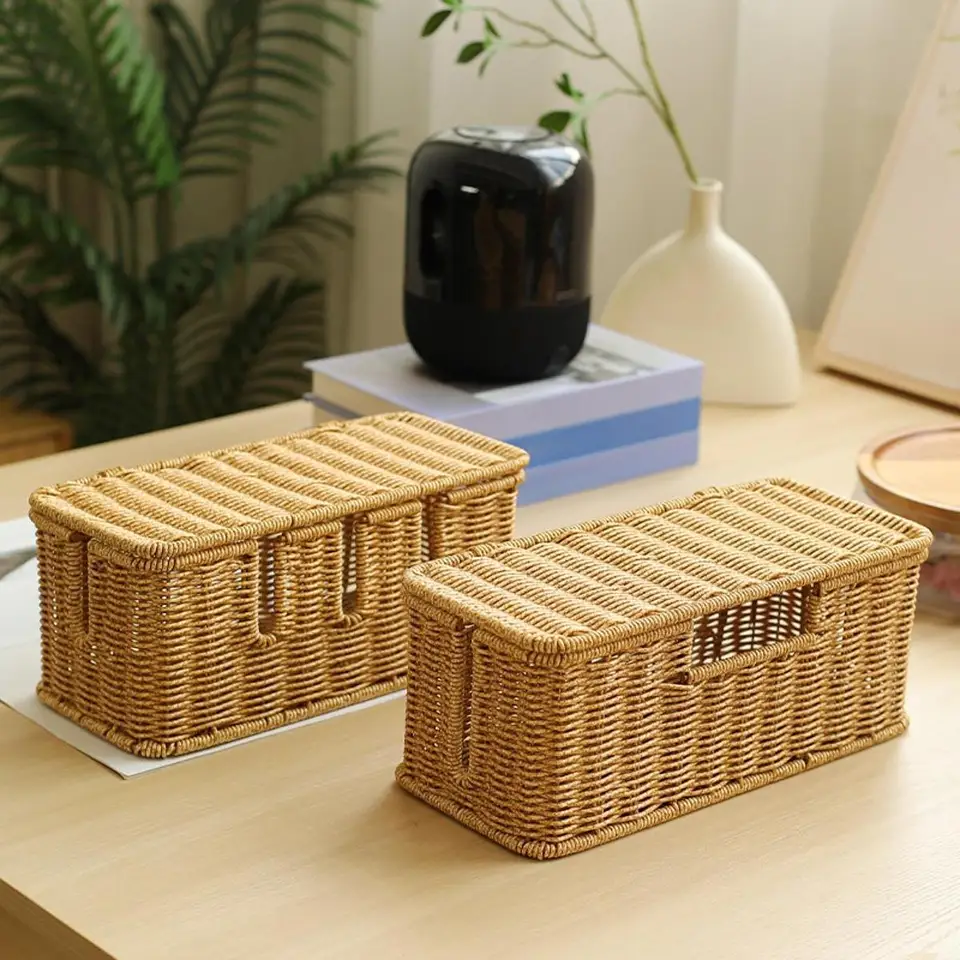 Boîte De Rangement Pour Câbles Style Rotin - 31,5x13x13cm, Couvercle Verrouillable - Pour Cacher Multiprises, Chargeurs, Organisateur Bureau