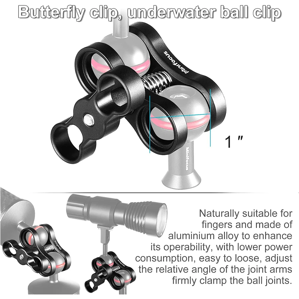1'' Aluminum Ball Clamp Mount for Underwater Diving Light Arms Tray System Photography Diving Camera 360&deg; Clip Adapter Bracket