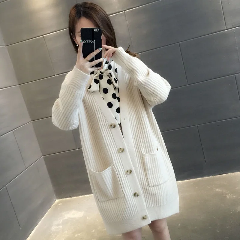 Autumn Winter Ladies Warm Thick Long Sweater Jacket Loose Casual Female Women V-Neck Knitted Cardigan Sweater Coat Outwear