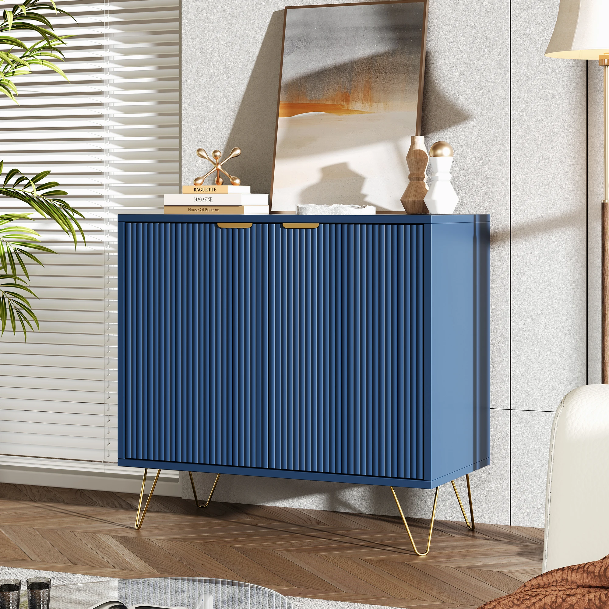 Superaly 80×40×78cm Sideboard mit Doppeltüren, Aufbewahrungsmöbel, Küchenschrank mit goldfarbenen Beinen und zweistufigen Regalen – Detail 2