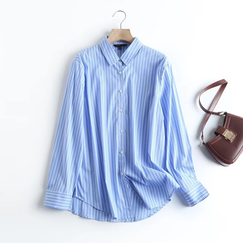 Maxdutti 2023 Spring New England Fashion Blue Striped Shirt Loose Cotton Casual  Tops Blouse Women