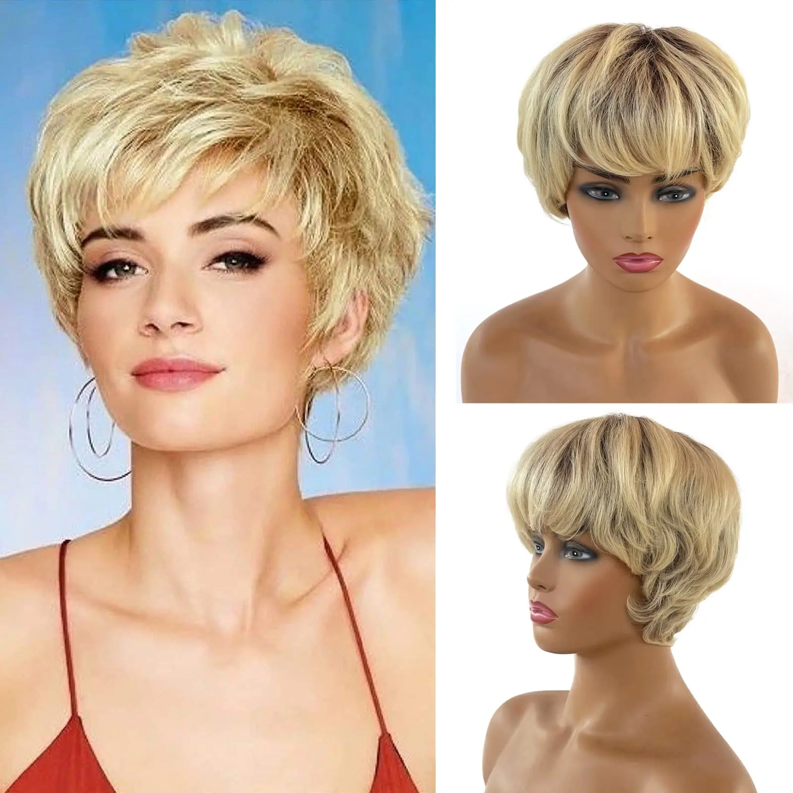 Ombre Blonde Pixie Cut Wigs with Bangs Colored Short Bob Human Hair
