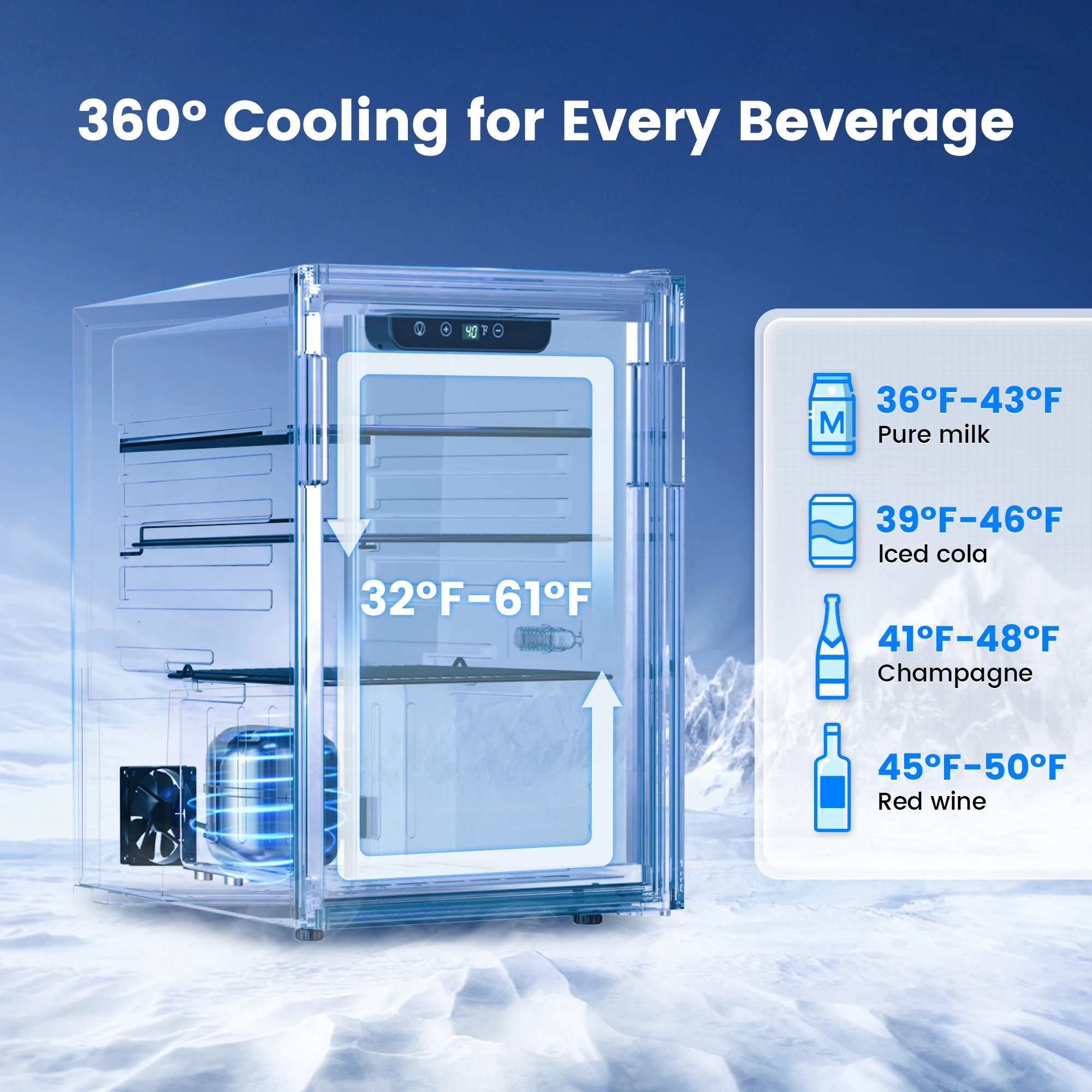 ICYGLEE Beverage Refrigerator 2.7cu.ft 100 Can Mini Fridge for Beer Drinks Wines Freestanding Fridge Blue LED for Home Dorm Bar 2