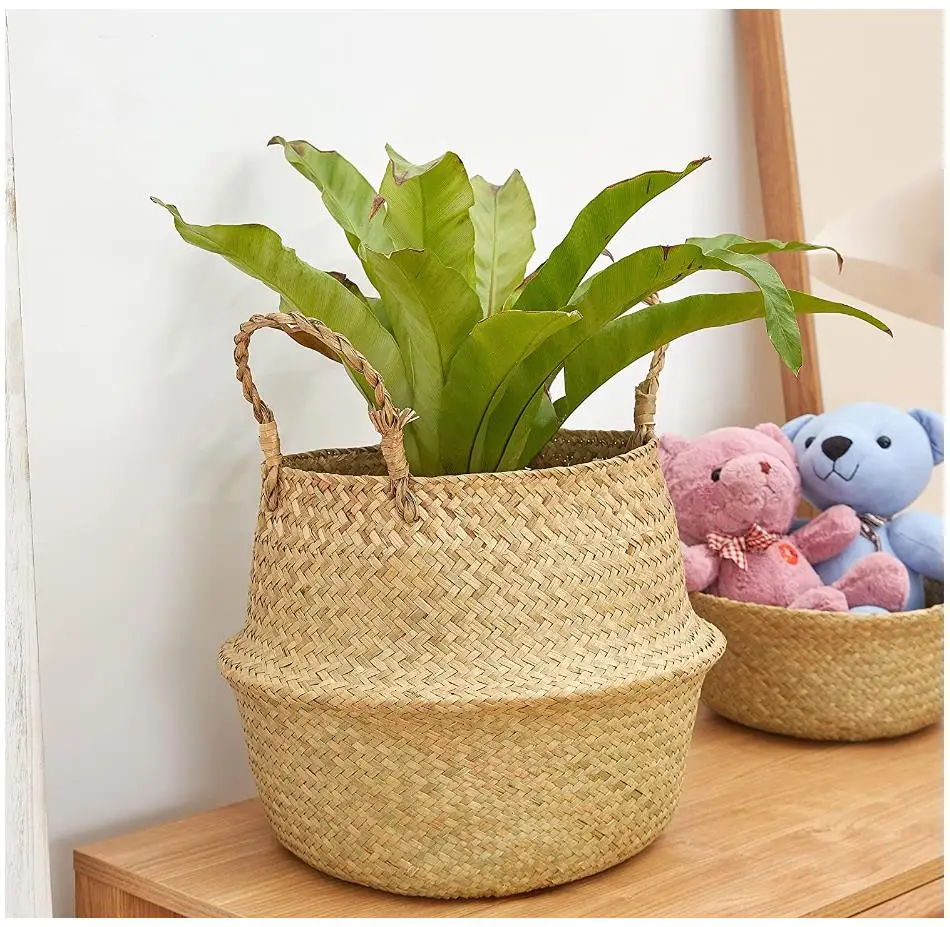 Handwoven Potbelly Basket With Natural Seagrass For Indoor Storage Of