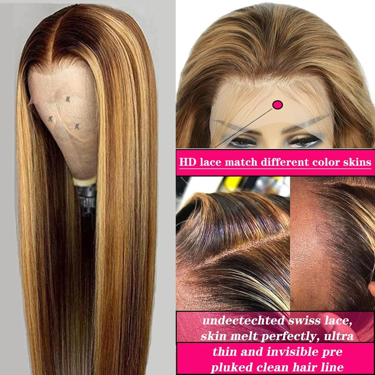 LUCKOKOS 360 Full Lace Front Wig Highlight Ombre Bone Straight HD Lace Frontal Colored Human Hair Wigs Honey Blonde Dea 5