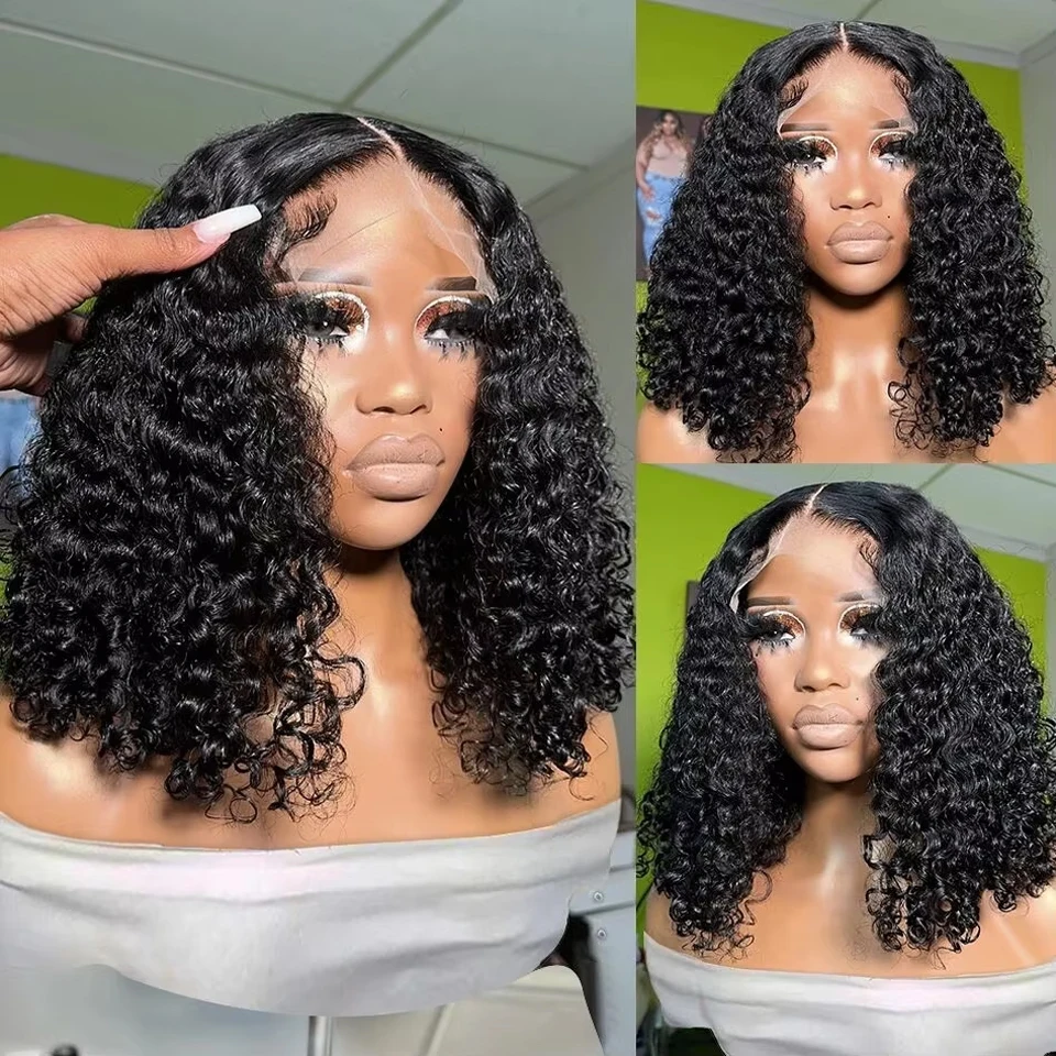 Brazilian Curly Short Bob Wig Human Hair 13x4 Transparent Lace Frontal Wig Deep Wave Lace Front Wigs 180% Density For Women