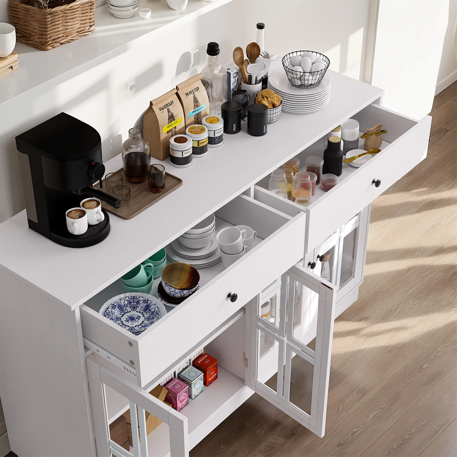 Christmas 53" Buffet Cabinet LED Light Storage Sideboard Cabinet With Spacious Tabletop 2 Sliding Drawers Clear Display Doors