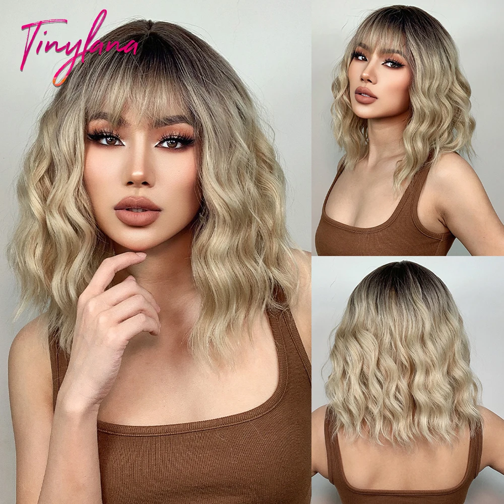 

Light Gray Blonde Yellow Synthetic Wig for Women Short Bob Curly Wave Ombre Wigs with Bangs Cosplay Party Heat Resistant Hair