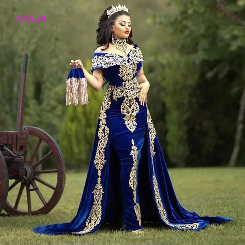 LISM Marokkanischen Kaftan Abendkleider Gold Spitze Appliques Cap Sleeve Royal Blue Mermaid Samt Arabisch Prom Kleider Lange Party Kleid