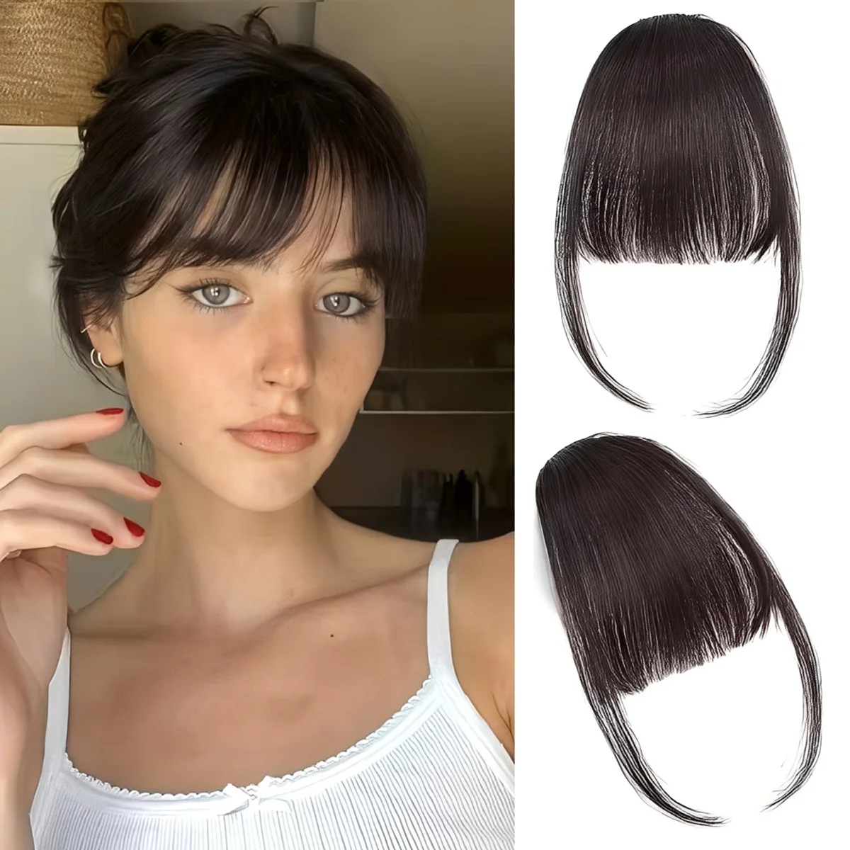 Air Bangs with Temples Real Human Hair Light Wispy French Bangs with Clip on Easy to Wear Free for Daily Use