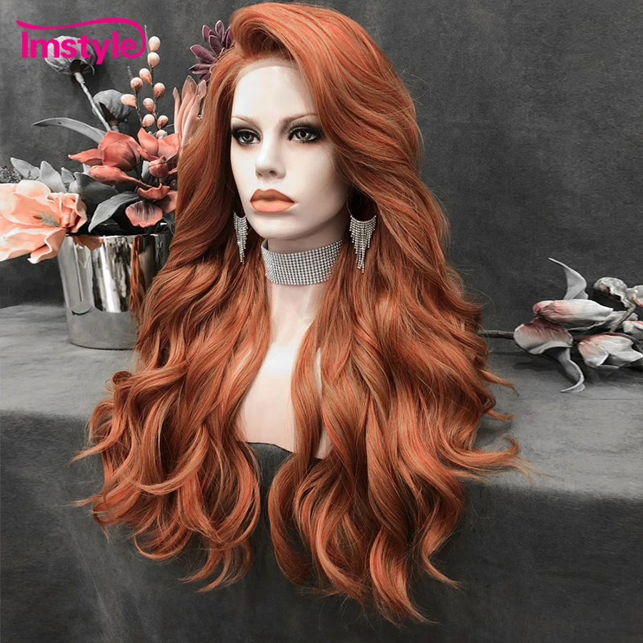 Imstyle Ginger Wig Long Synthetic Lace Front Wig Copper Mixed Color Natural Wavy Wigs For Women Heat Resistant Csplay Wigs